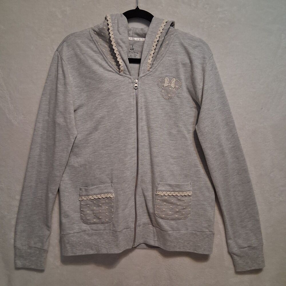 Disney Parks XL Hoodie Full Zip Gray Minnie Embroidered Lace Trim Classic